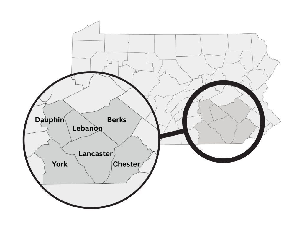 Map of South Central Pennsylvania counties served: Lancaster, Berks, Lebanon, Chester, York, and Dauphin